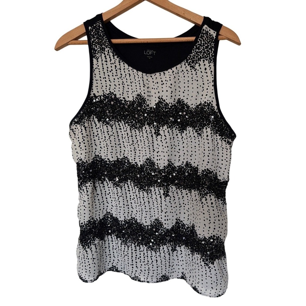LOFT Tank Top Womens XL Black White Polka Dot Sequin Mixed Media EUC